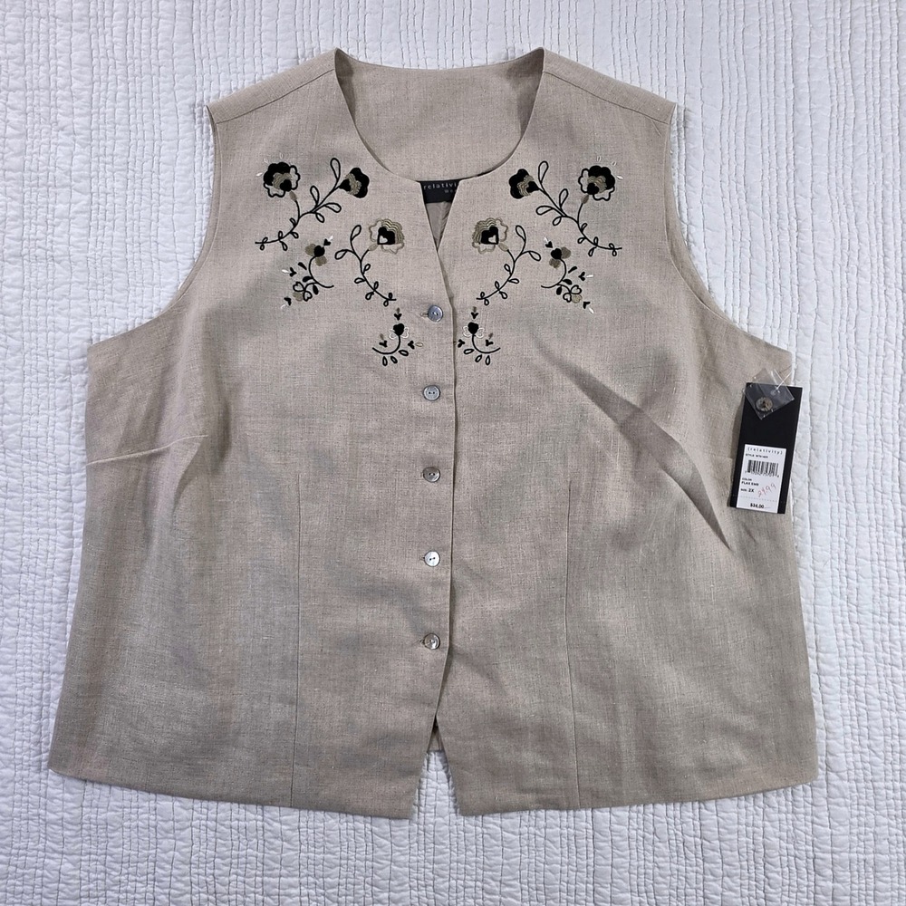 Relativity Embroidered Linen Vest Women 2X Beige NWT Floral Button Front Boho
